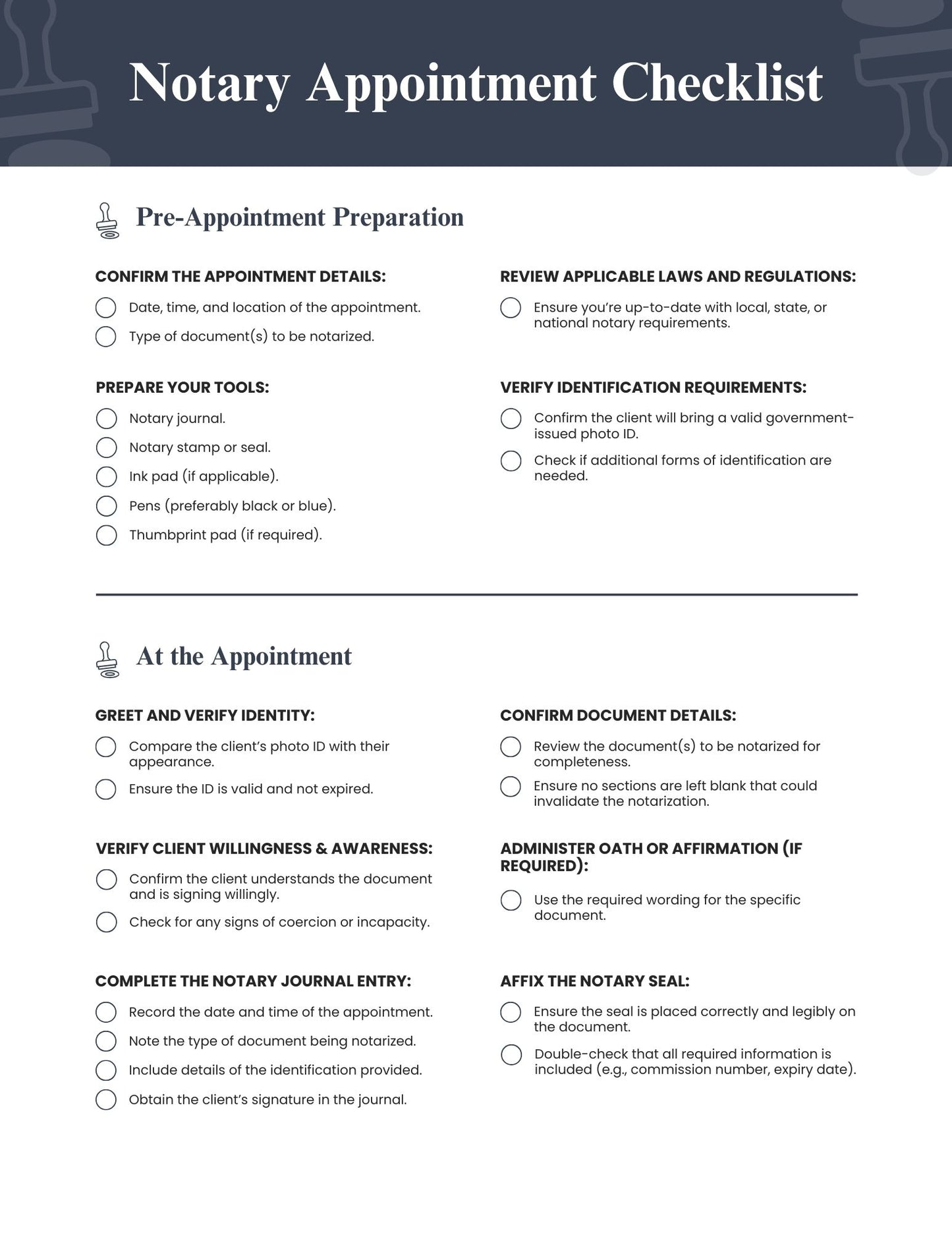 Notary Appointment Checklist