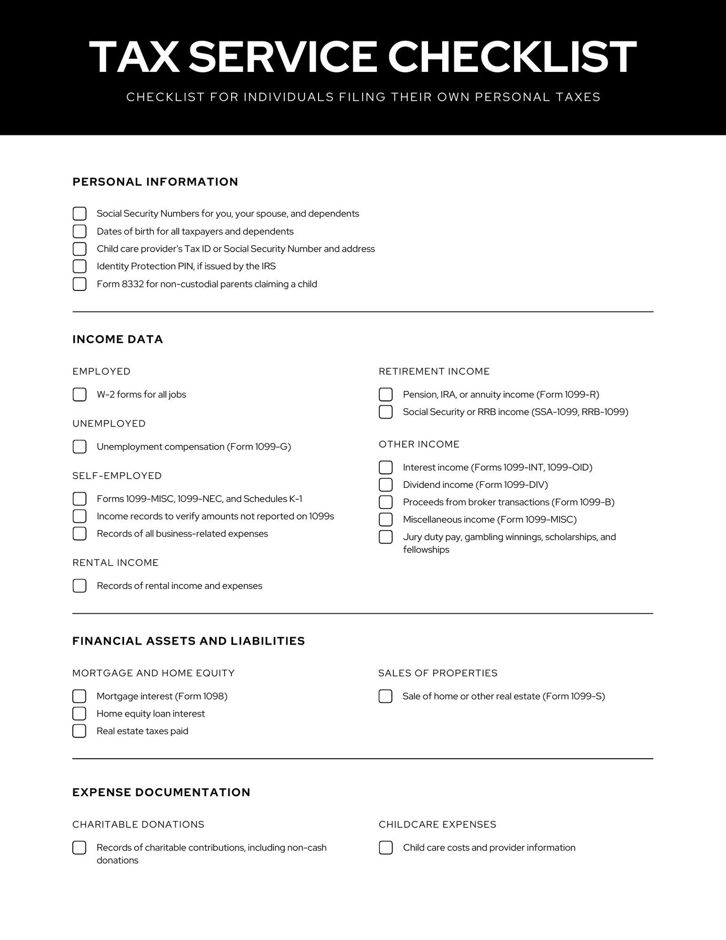Tax Service Checklist